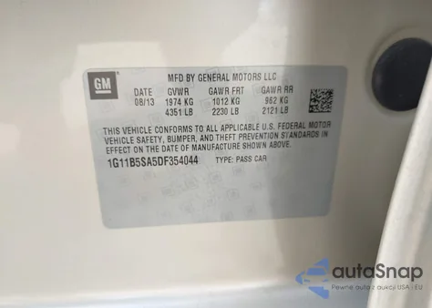 2013 Chevrolet Malibu 1Ls from USA, damaged, VIN 1G11B5SA5DF354044